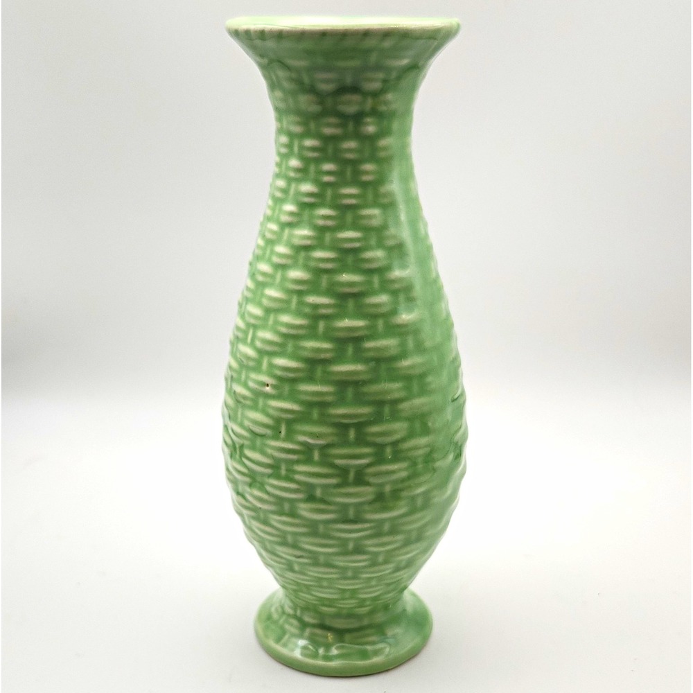 Vintage Mid Century Green Ceramic Basketweave Vase 6" Japan Art Pottery 1M5351